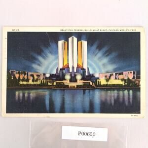 1933 Chicago World's Fair Beautiful Federal Building At Night Linen Postcard IL